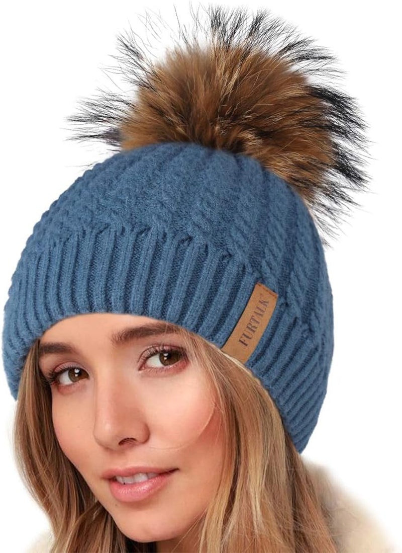 Winter Beanie Hats for Women Womens Warm Knit Fur Bobble Pom Pom Hat
